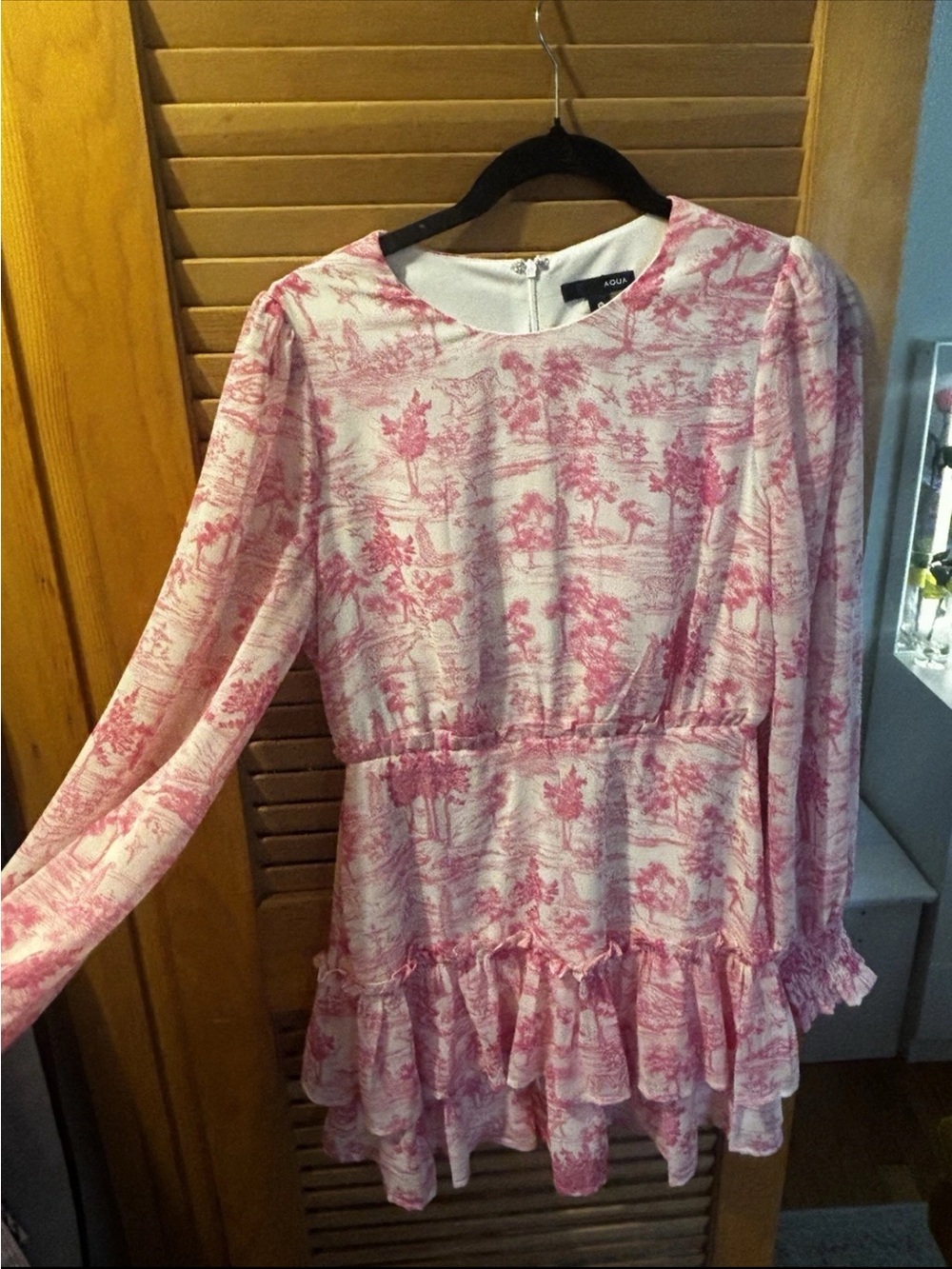 Aqua Pink and White Toile Long-Sleeve Girls Dress